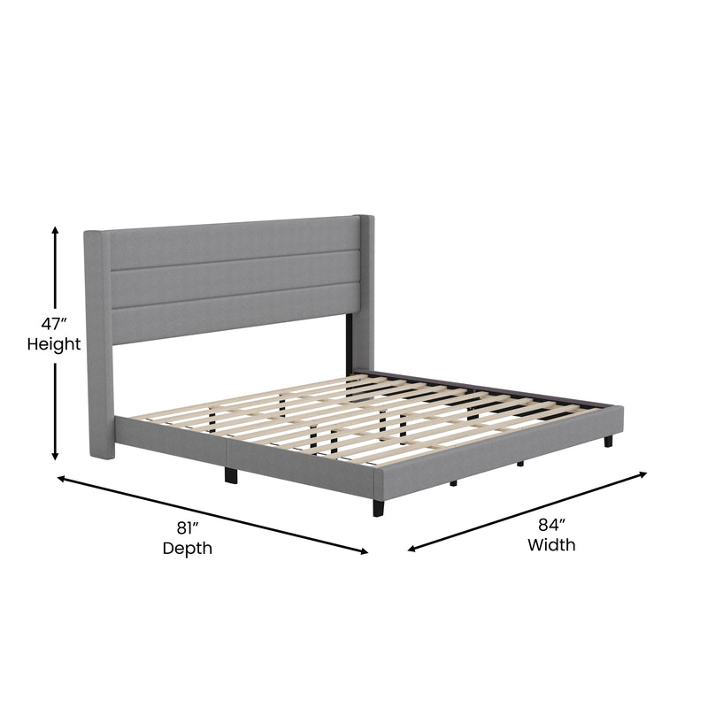 Hilton Gray Faux Linen Upholstered Platform Bed with Wingback Headboard, Slatted Support System