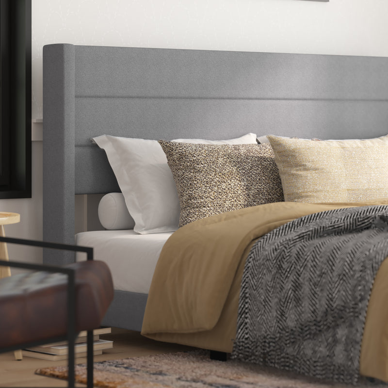 Hilton Gray Faux Linen Upholstered Platform Bed with Wingback Headboard, Slatted Support System