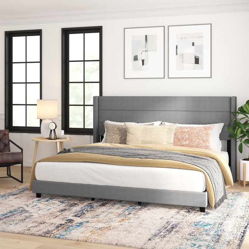 Hilton Gray Faux Linen Upholstered Platform Bed with Wingback Headboard, Slatted Support System