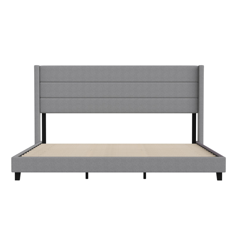 Hilton Gray Faux Linen Upholstered Platform Bed with Wingback Headboard, Slatted Support System