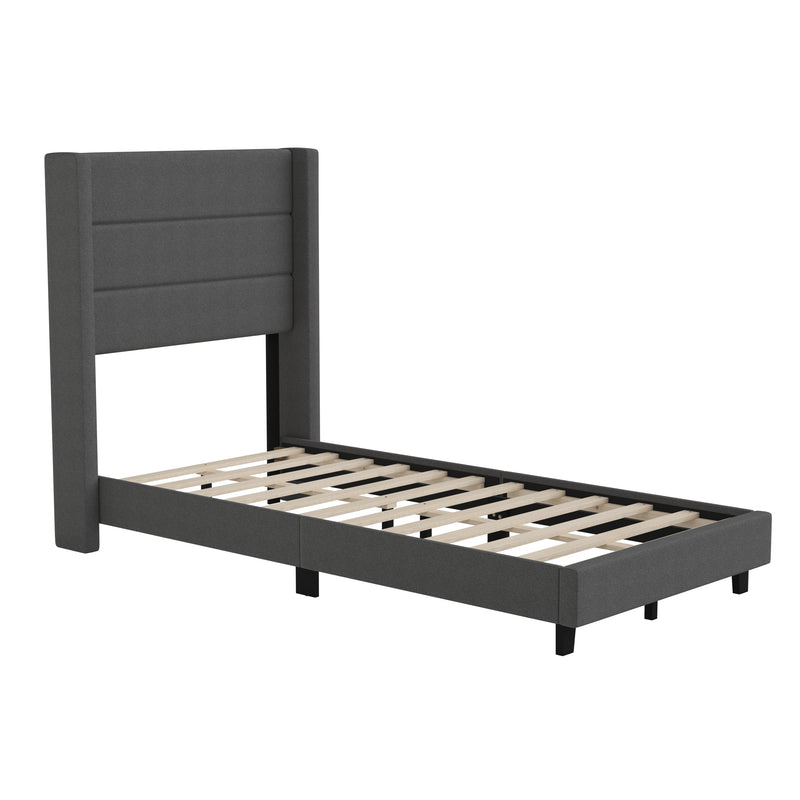 Hilton Charcoal Faux Linen Upholstered Platform Bed with Wingback Headboard, Slatted Support System