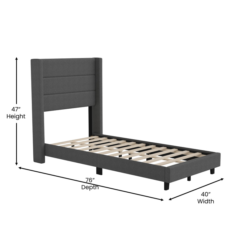 Hilton Charcoal Faux Linen Upholstered Platform Bed with Wingback Headboard, Slatted Support System