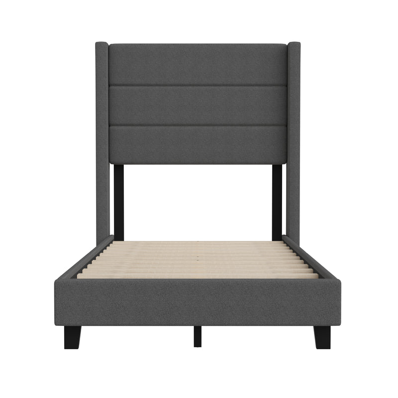 Hilton Charcoal Faux Linen Upholstered Platform Bed with Wingback Headboard, Slatted Support System