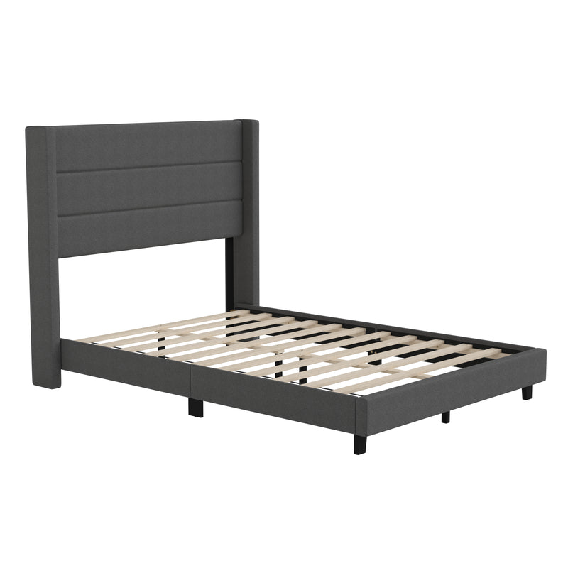 Hilton Charcoal Faux Linen Upholstered Platform Bed with Wingback Headboard, Slatted Support System