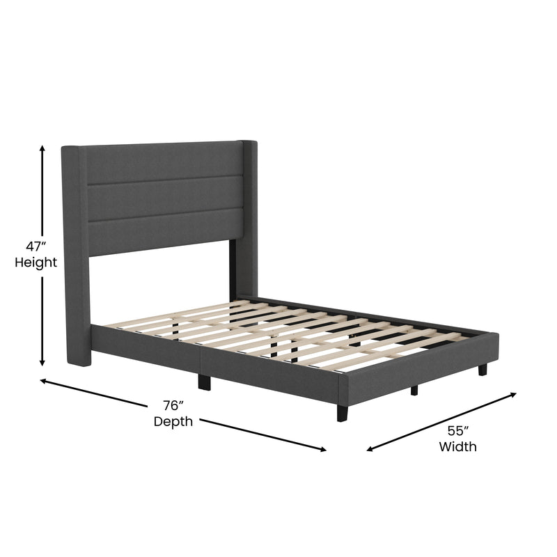 Hilton Charcoal Faux Linen Upholstered Platform Bed with Wingback Headboard, Slatted Support System