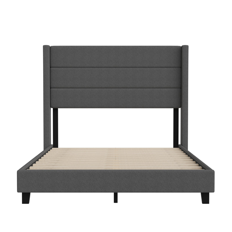 Hilton Charcoal Faux Linen Upholstered Platform Bed with Wingback Headboard, Slatted Support System