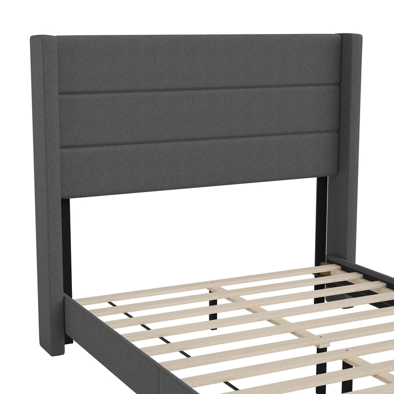 Hilton Charcoal Faux Linen Upholstered Platform Bed with Wingback Headboard, Slatted Support System