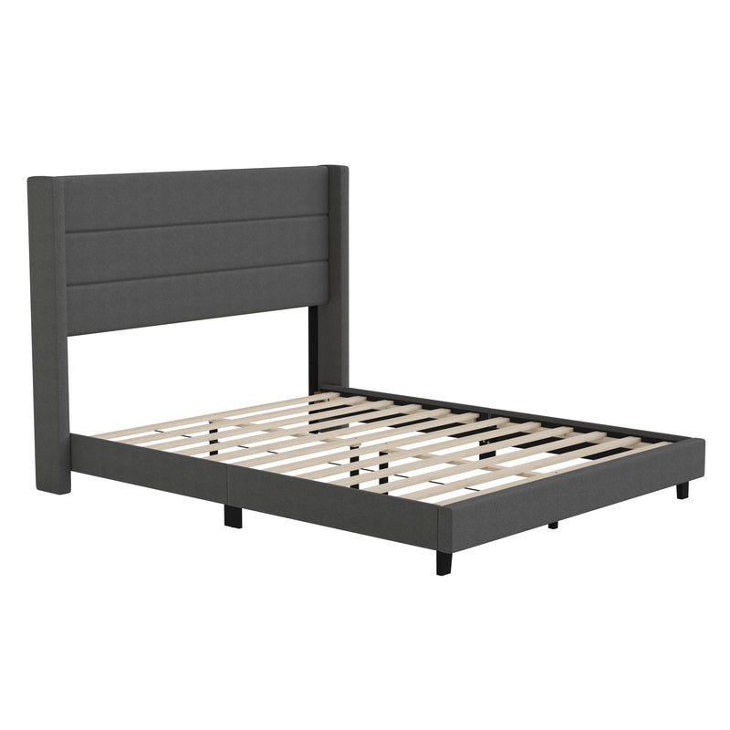 Hilton Charcoal Faux Linen Upholstered Platform Bed with Wingback Headboard, Slatted Support System