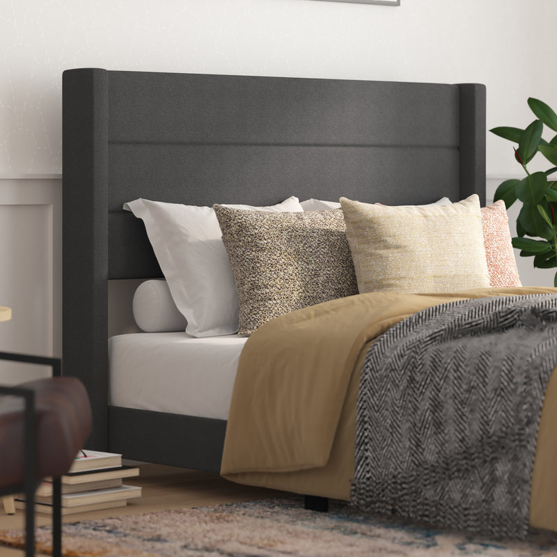 Hilton Charcoal Faux Linen Upholstered Platform Bed with Wingback Headboard, Slatted Support System