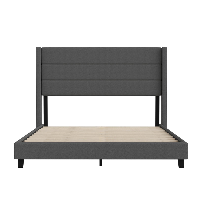 Hilton Charcoal Faux Linen Upholstered Platform Bed with Wingback Headboard, Slatted Support System