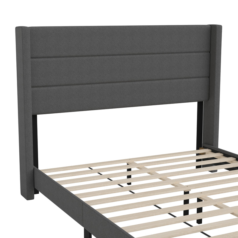 Hilton Charcoal Faux Linen Upholstered Platform Bed with Wingback Headboard, Slatted Support System