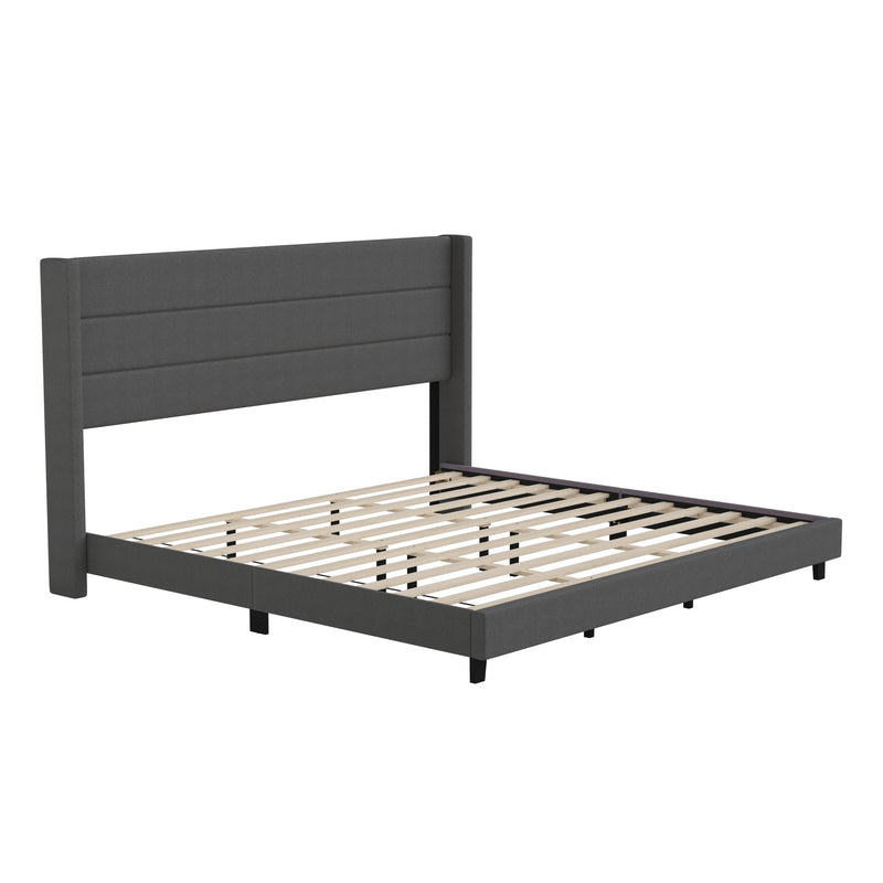 Hilton Charcoal Faux Linen Upholstered Platform Bed with Wingback Headboard, Slatted Support System