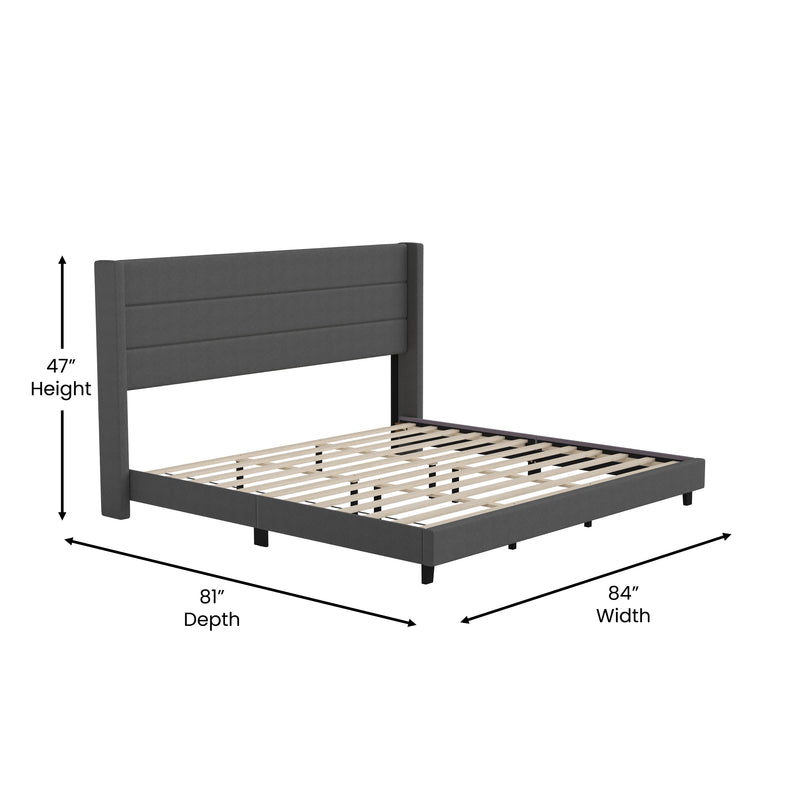 Hilton Charcoal Faux Linen Upholstered Platform Bed with Wingback Headboard, Slatted Support System