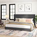 Hilton Charcoal Faux Linen Upholstered Platform Bed with Wingback Headboard, Slatted Support System