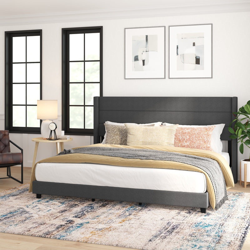 Hilton Charcoal Faux Linen Upholstered Platform Bed with Wingback Headboard, Slatted Support System