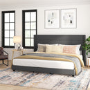 Hilton Charcoal Faux Linen Upholstered Platform Bed with Wingback Headboard, Slatted Support System