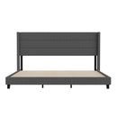 Hilton Charcoal Faux Linen Upholstered Platform Bed with Wingback Headboard, Slatted Support System