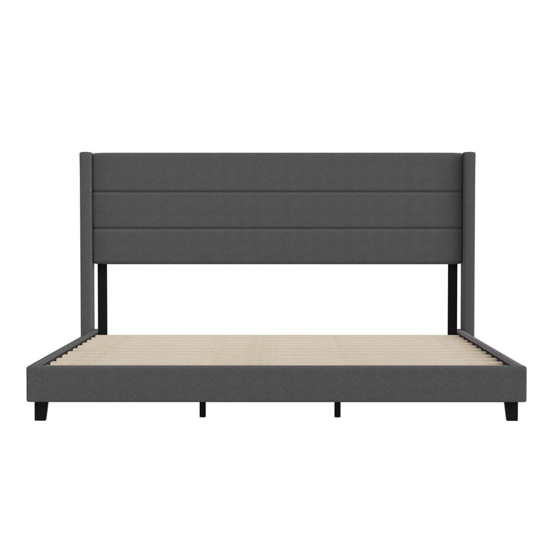 Hilton Charcoal Faux Linen Upholstered Platform Bed with Wingback Headboard, Slatted Support System