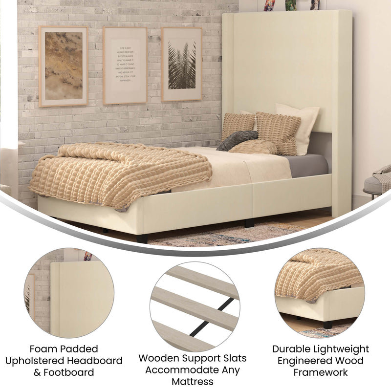 Kellan Beige Faux Linen Upholstered Platform Bed with Channel Stitched Wingback Headboard and Slatted Mattress Foundation