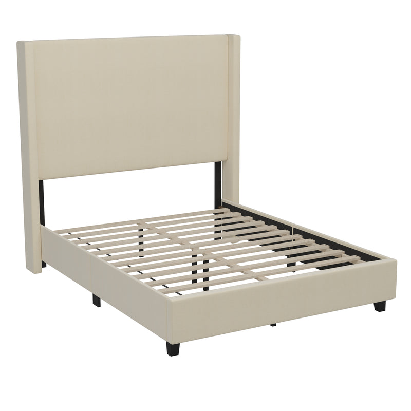 Kellan Beige Faux Linen Upholstered Platform Bed with Channel Stitched Wingback Headboard and Slatted Mattress Foundation