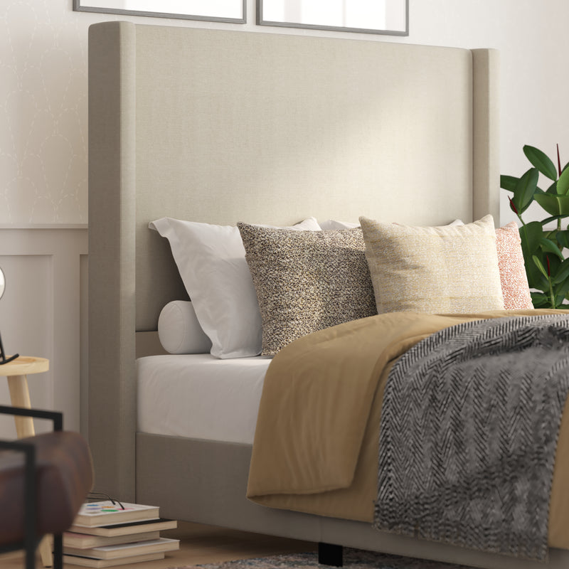 Kellan Beige Faux Linen Upholstered Platform Bed with Channel Stitched Wingback Headboard and Slatted Mattress Foundation