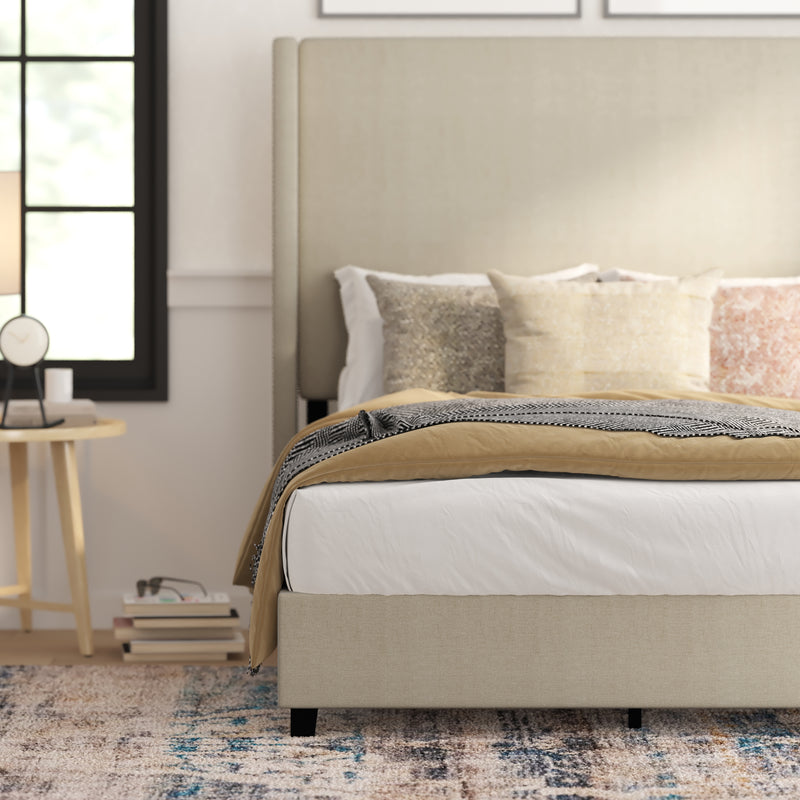 Kellan Beige Faux Linen Upholstered Platform Bed with Channel Stitched Wingback Headboard and Slatted Mattress Foundation