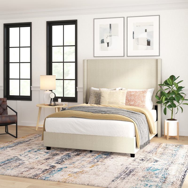 Kellan Beige Faux Linen Upholstered Platform Bed with Channel Stitched Wingback Headboard and Slatted Mattress Foundation