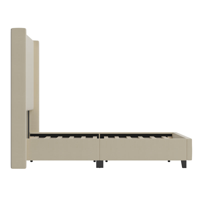 Kellan Beige Faux Linen Upholstered Platform Bed with Channel Stitched Wingback Headboard and Slatted Mattress Foundation