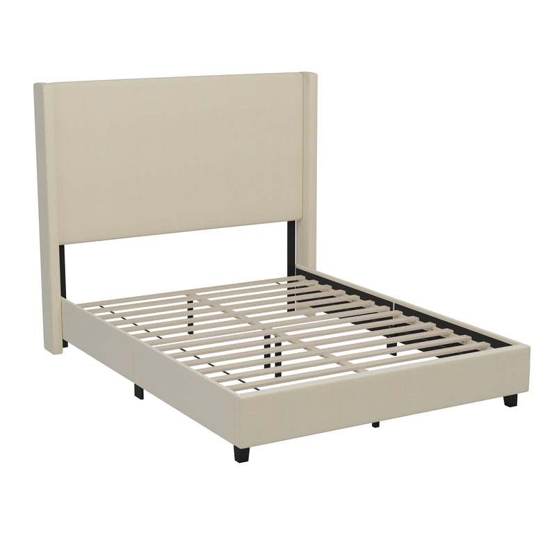 Kellan Beige Faux Linen Upholstered Platform Bed with Channel Stitched Wingback Headboard and Slatted Mattress Foundation