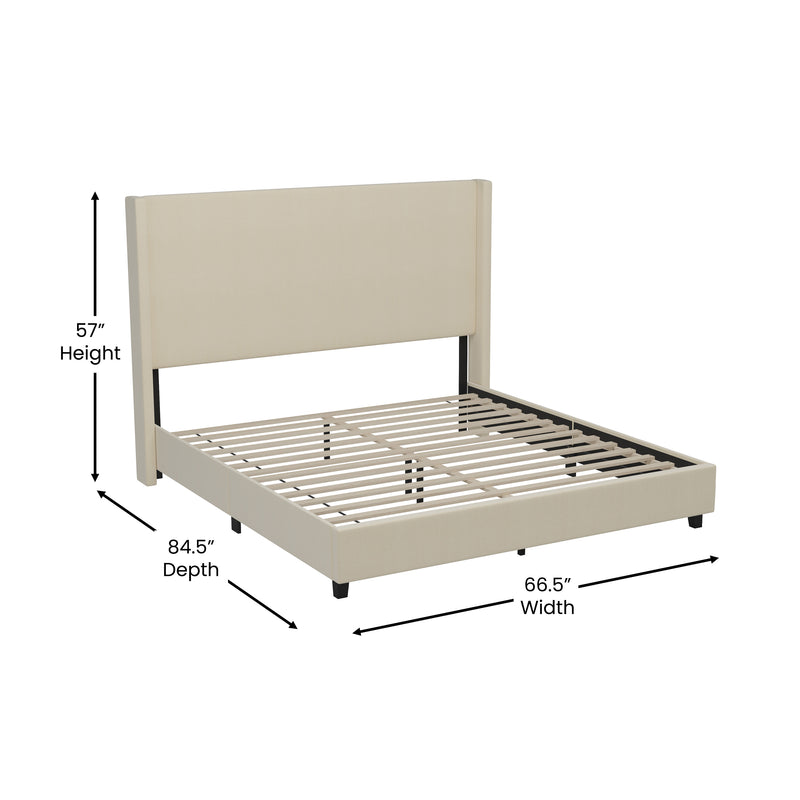 Kellan Beige Faux Linen Upholstered Platform Bed with Channel Stitched Wingback Headboard and Slatted Mattress Foundation