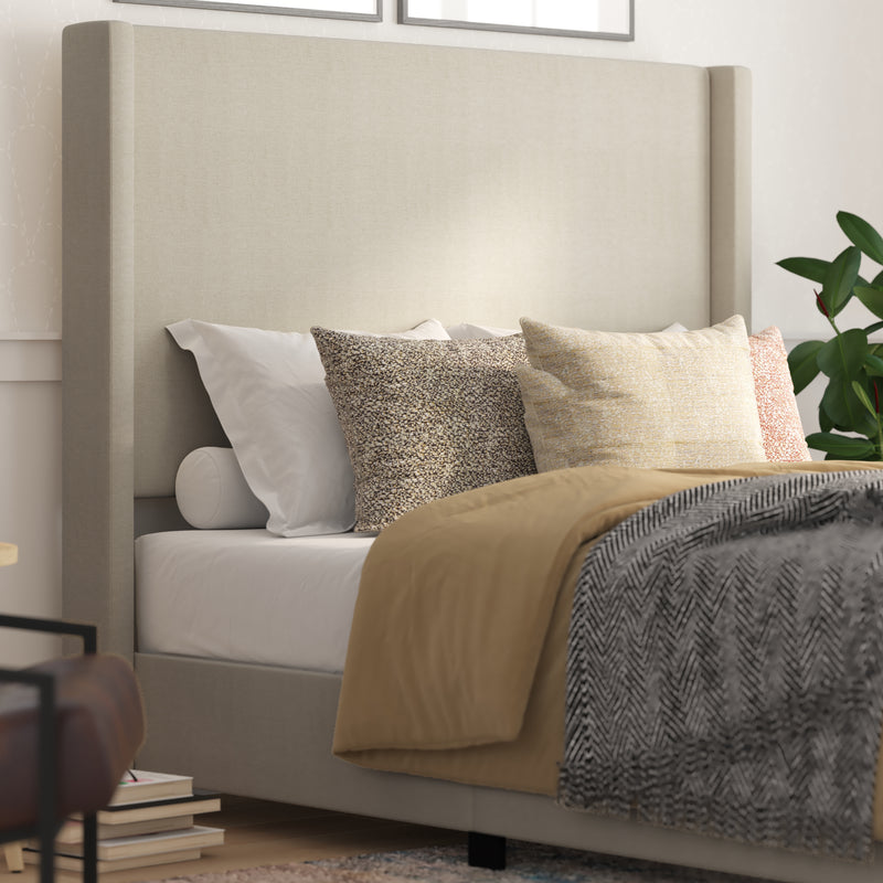 Kellan Beige Faux Linen Upholstered Platform Bed with Channel Stitched Wingback Headboard and Slatted Mattress Foundation