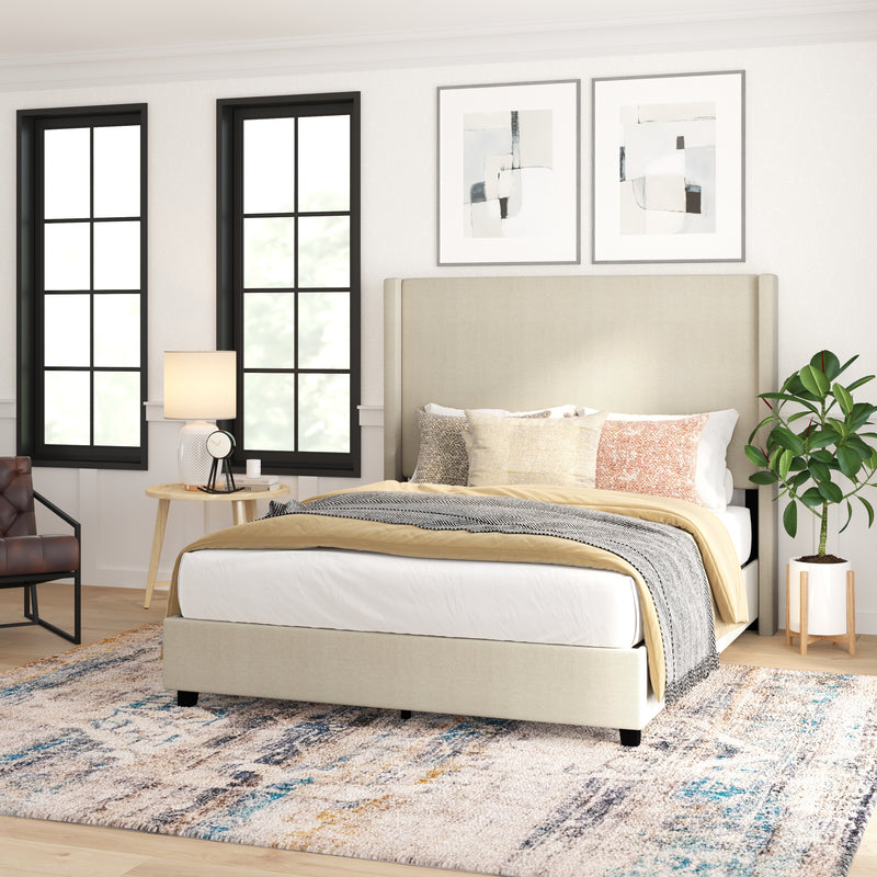 Kellan Beige Faux Linen Upholstered Platform Bed with Channel Stitched Wingback Headboard and Slatted Mattress Foundation