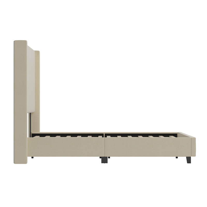 Kellan Beige Faux Linen Upholstered Platform Bed with Channel Stitched Wingback Headboard and Slatted Mattress Foundation