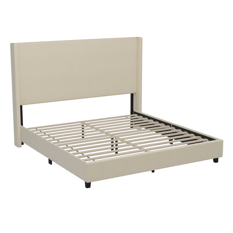 Kellan Beige Faux Linen Upholstered Platform Bed with Channel Stitched Wingback Headboard and Slatted Mattress Foundation