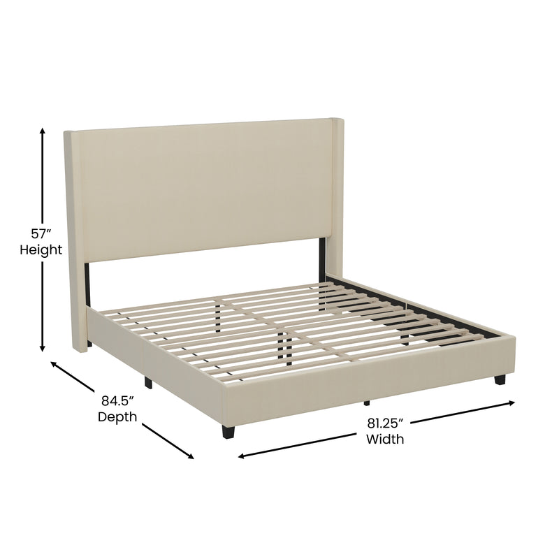 Kellan Beige Faux Linen Upholstered Platform Bed with Channel Stitched Wingback Headboard and Slatted Mattress Foundation