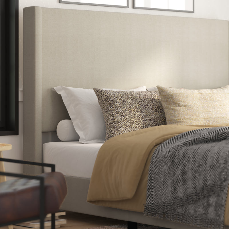 Kellan Beige Faux Linen Upholstered Platform Bed with Channel Stitched Wingback Headboard and Slatted Mattress Foundation