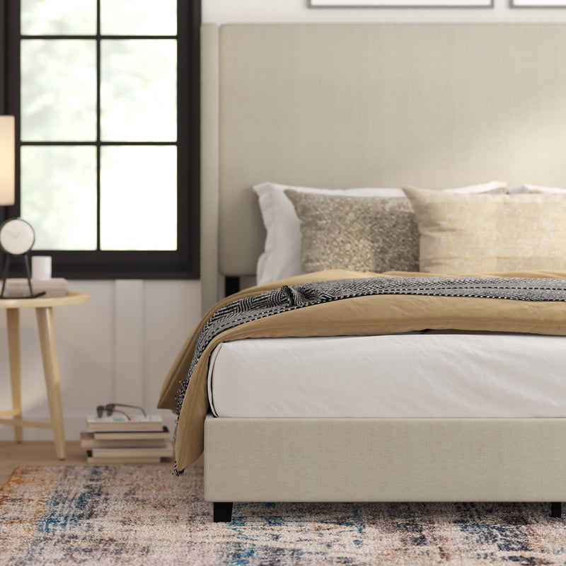 Kellan Beige Faux Linen Upholstered Platform Bed with Channel Stitched Wingback Headboard and Slatted Mattress Foundation