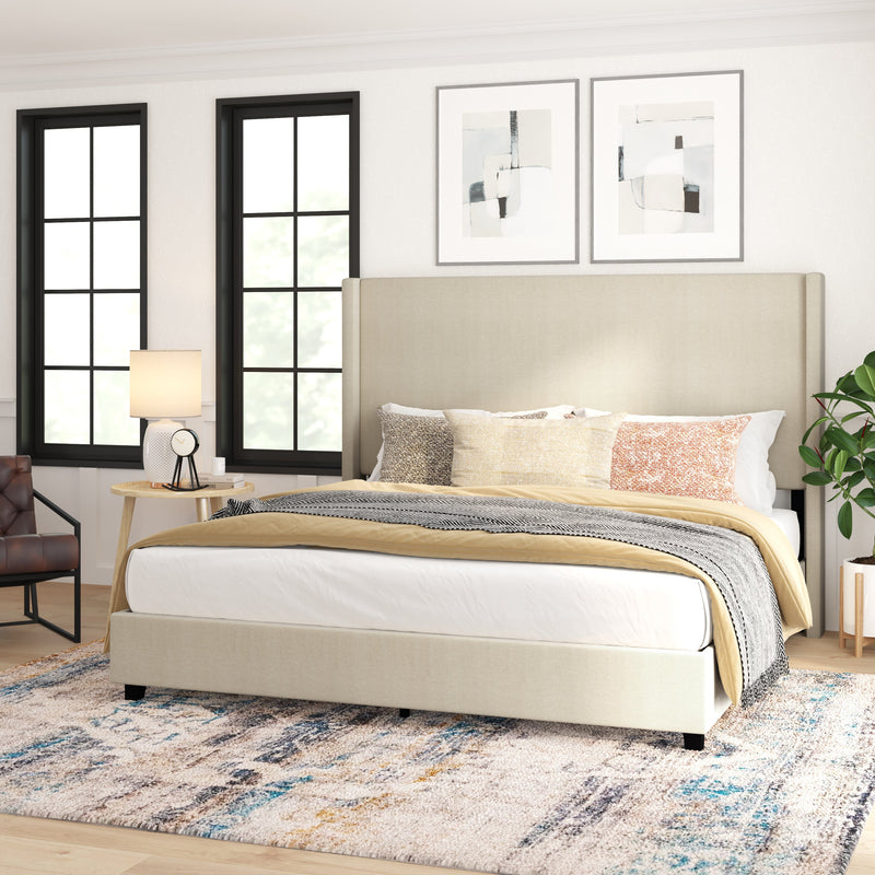 Kellan Beige Faux Linen Upholstered Platform Bed with Channel Stitched Wingback Headboard and Slatted Mattress Foundation