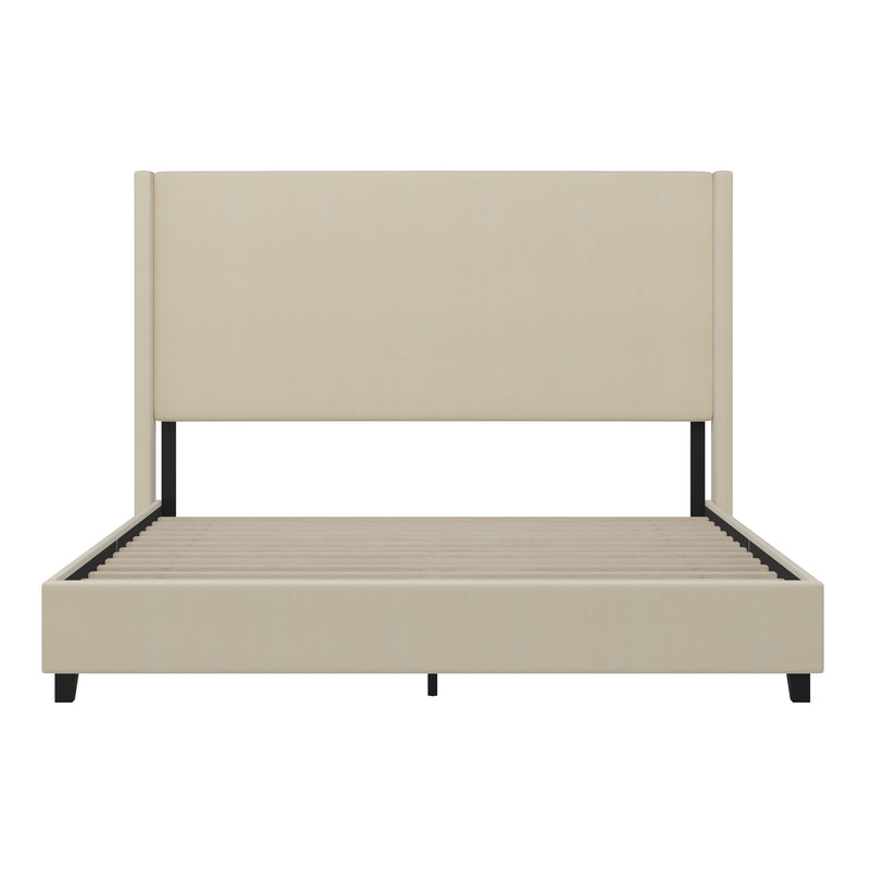 Kellan Beige Faux Linen Upholstered Platform Bed with Channel Stitched Wingback Headboard and Slatted Mattress Foundation