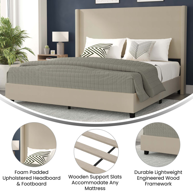 Kellan Beige Faux Linen Upholstered Platform Bed with Channel Stitched Wingback Headboard and Slatted Mattress Foundation