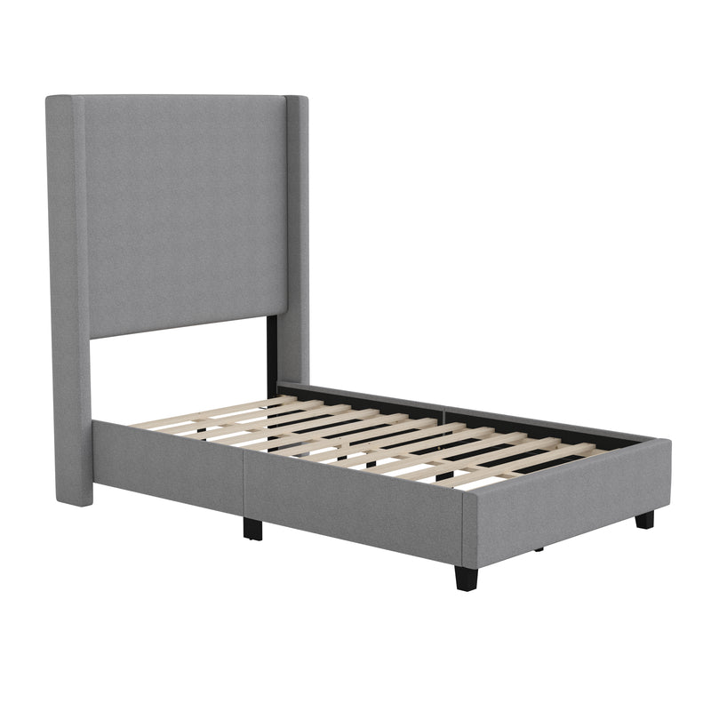 Kellan Gray Faux Linen Upholstered Platform Bed with Channel Stitched Wingback Headboard and Slatted Mattress Foundation