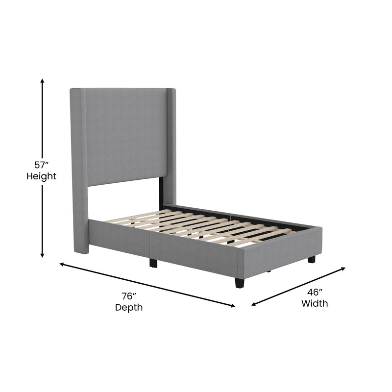 Kellan Gray Faux Linen Upholstered Platform Bed with Channel Stitched Wingback Headboard and Slatted Mattress Foundation