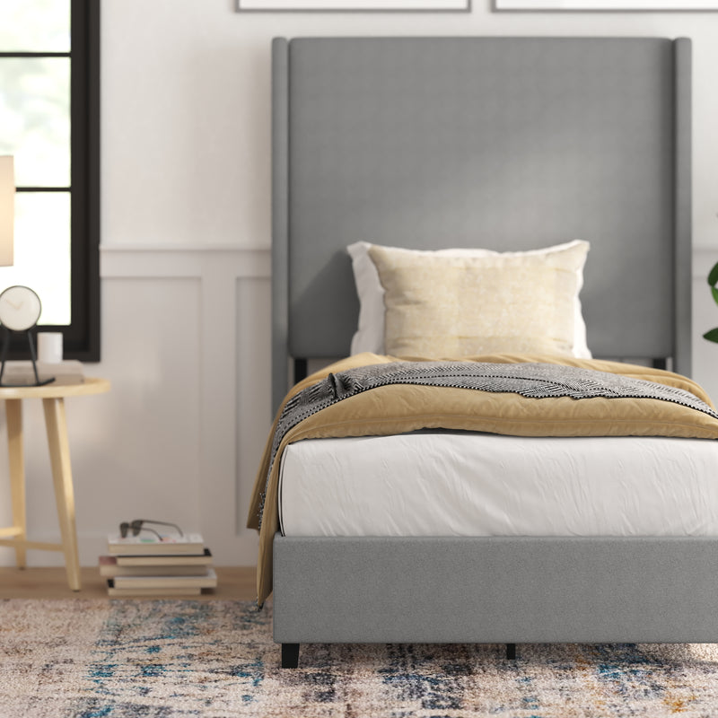 Kellan Gray Faux Linen Upholstered Platform Bed with Channel Stitched Wingback Headboard and Slatted Mattress Foundation