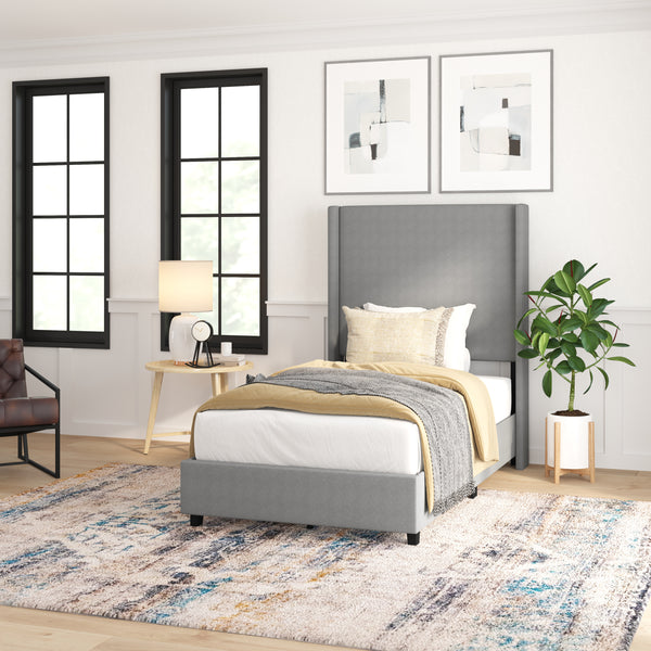 Kellan Gray Faux Linen Upholstered Platform Bed with Channel Stitched Wingback Headboard and Slatted Mattress Foundation