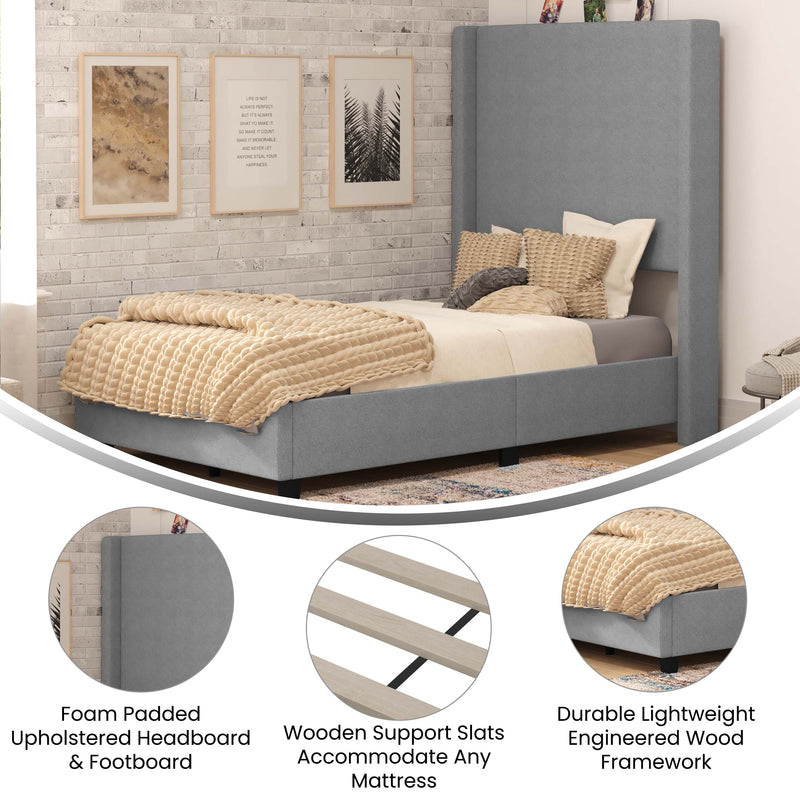 Kellan Gray Faux Linen Upholstered Platform Bed with Channel Stitched Wingback Headboard and Slatted Mattress Foundation