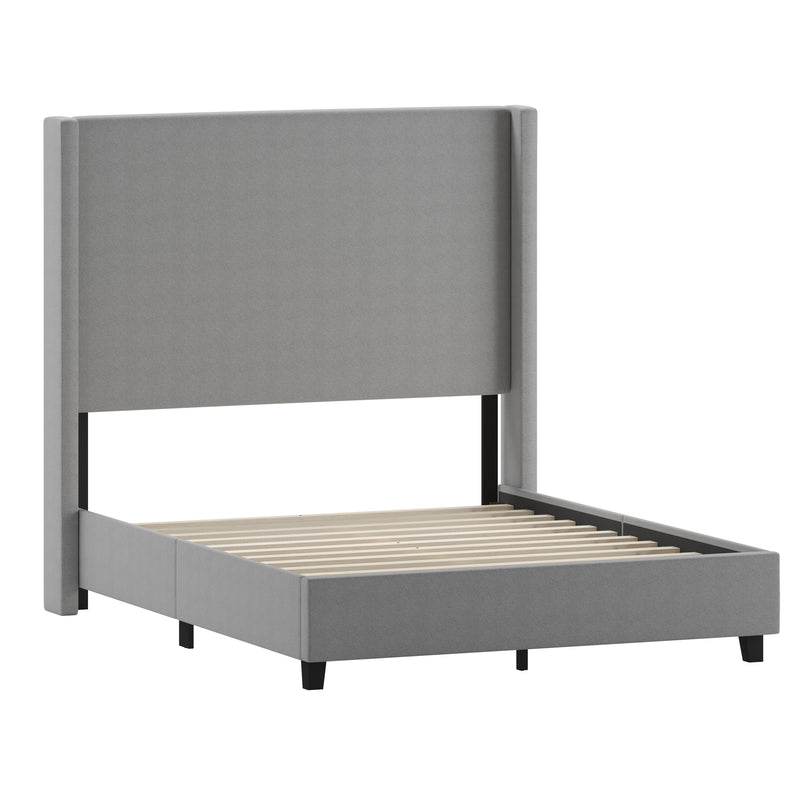 Kellan Gray Faux Linen Upholstered Platform Bed with Channel Stitched Wingback Headboard and Slatted Mattress Foundation