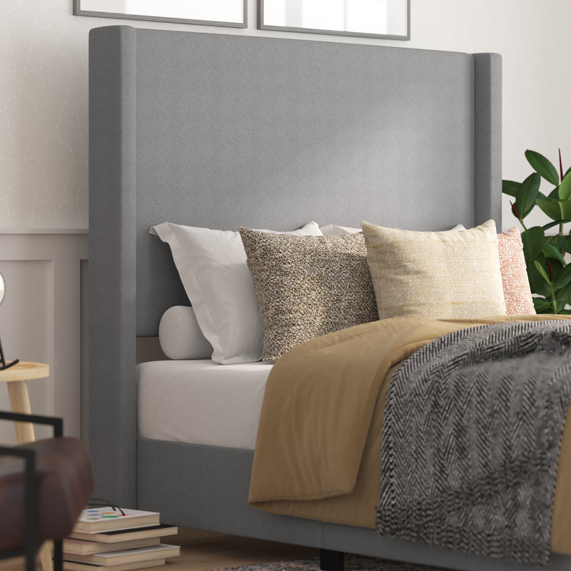 Kellan Gray Faux Linen Upholstered Platform Bed with Channel Stitched Wingback Headboard and Slatted Mattress Foundation