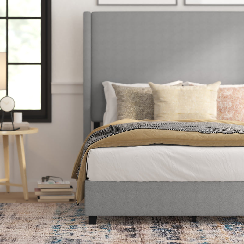 Kellan Gray Faux Linen Upholstered Platform Bed with Channel Stitched Wingback Headboard and Slatted Mattress Foundation