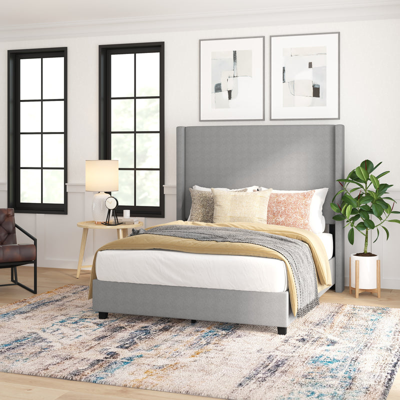 Kellan Gray Faux Linen Upholstered Platform Bed with Channel Stitched Wingback Headboard and Slatted Mattress Foundation