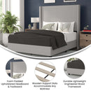 Kellan Gray Faux Linen Upholstered Platform Bed with Channel Stitched Wingback Headboard and Slatted Mattress Foundation